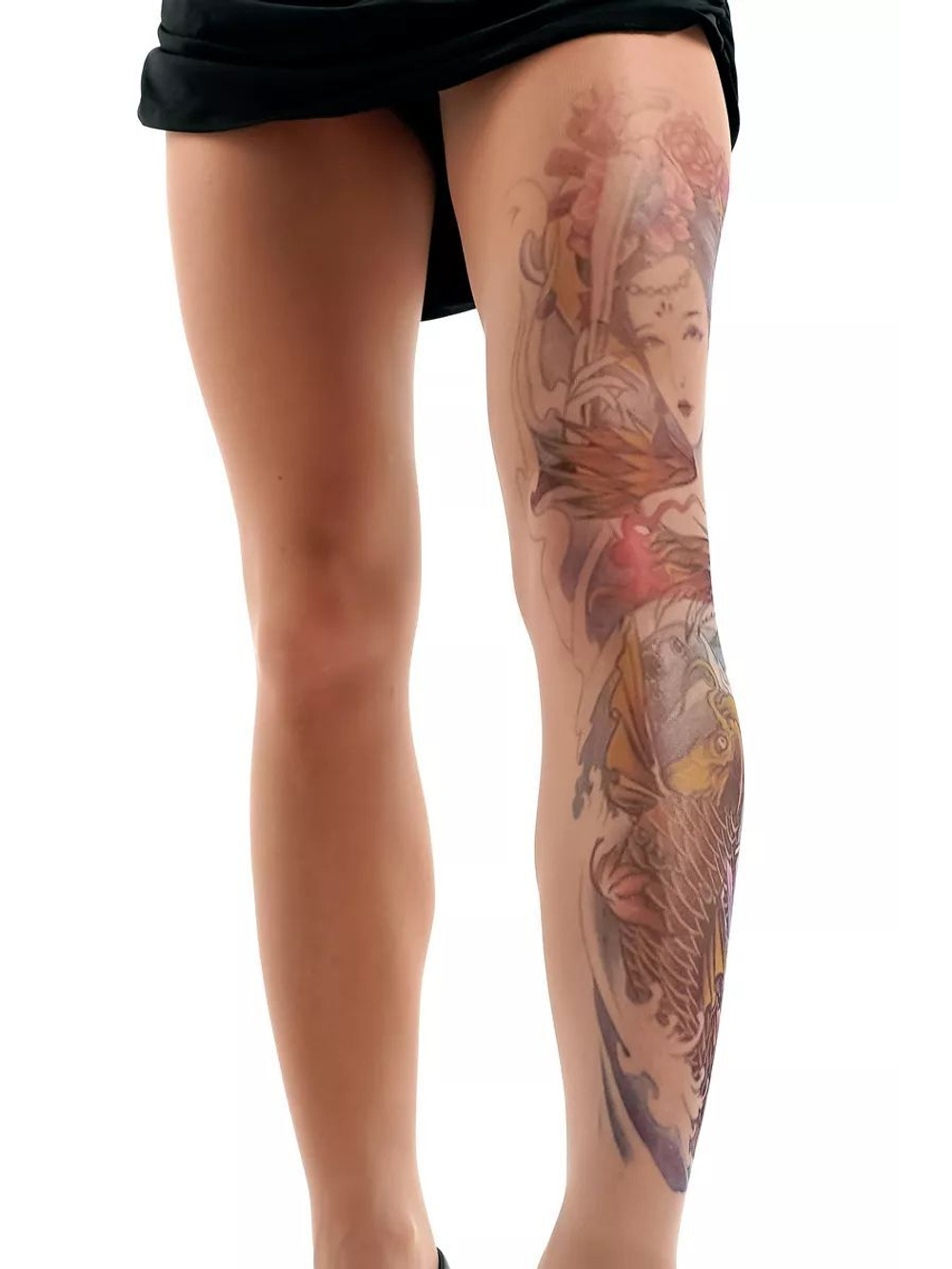 Колготки с цветным принтом в виде гейши (Размер: S-M-L) (Цвет: бежевый)