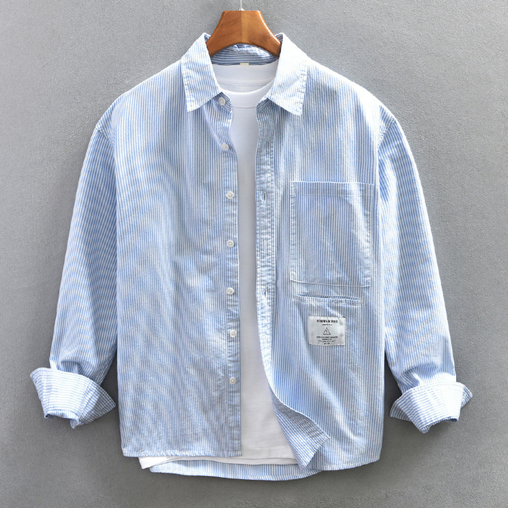 Белая хлопковая рубашка мужская с длинными рукавами и накладным карманом