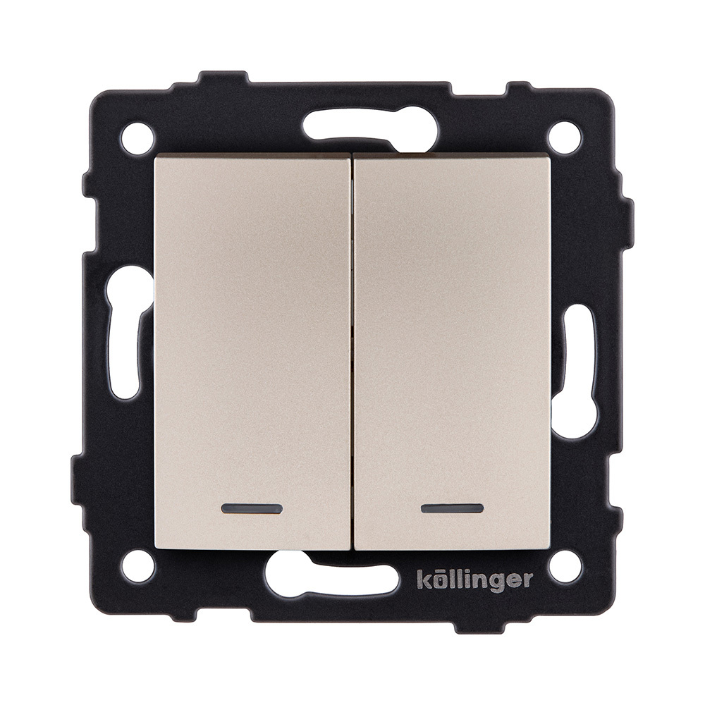 Выключатель кнопочный 2-клавишный 10А/250В с LED подсветкой, изогнутый, золотой Kollinger REA-R-014GD для Aspekt, Eleganz, Reflex