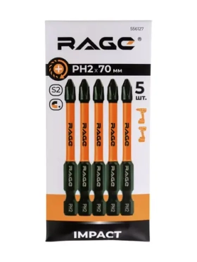 Биты торсионные RAGE By VIRA IMPACT PH2 x 70 мм 5 шт для шуруповерта намагниченные 556127