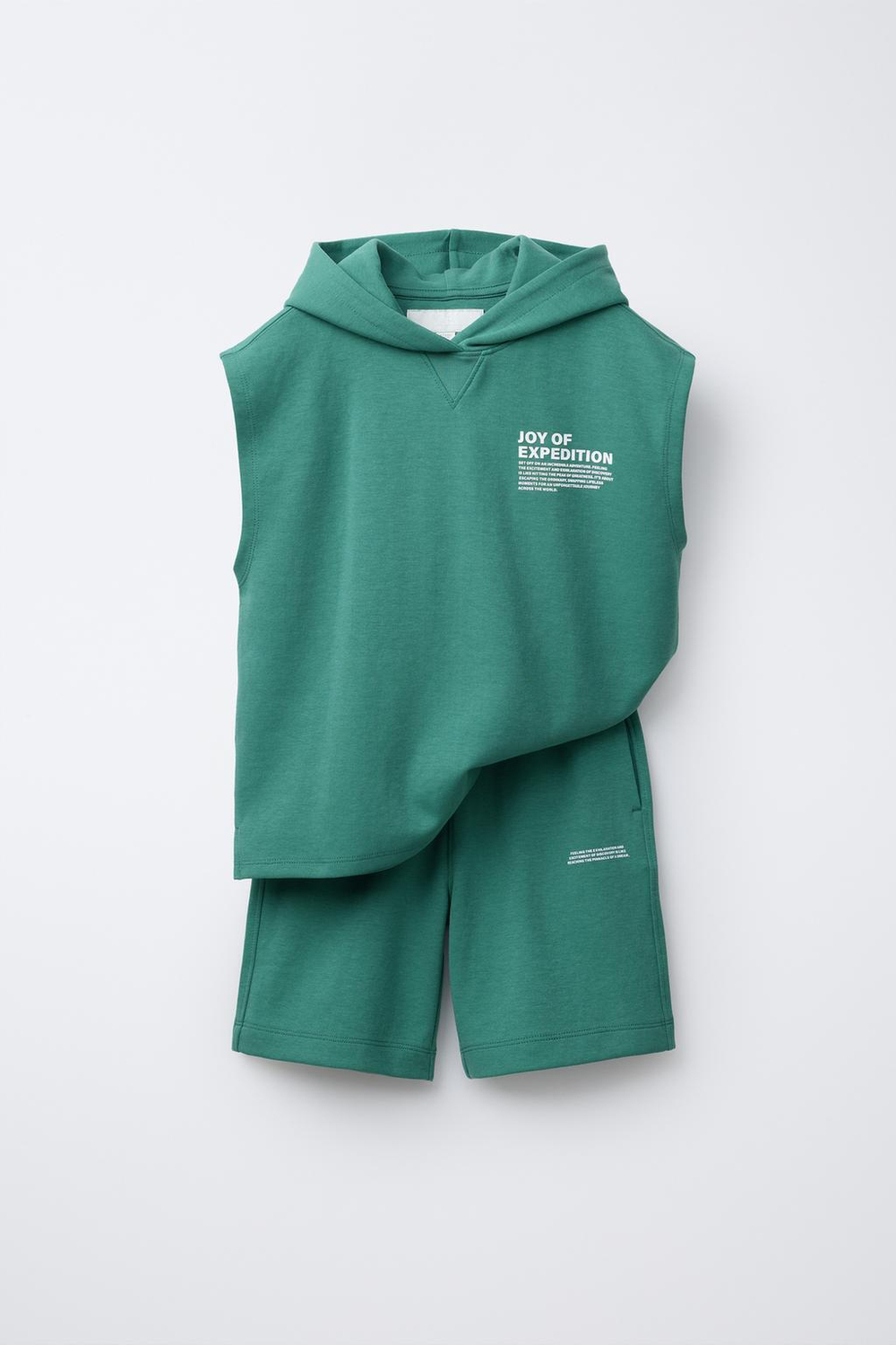 ZARA КОМПЛЕКТ ИЗ ХУДИ И ШОРТОВ-БЕРМУДОВ ИЗ ТКАНИ ИНТЕРЛОК, ЗЕЛЕНЫЙ