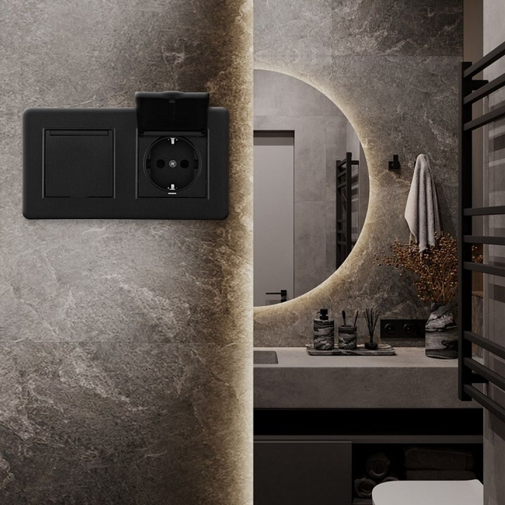 Розетка с заземлением и шторкой, с крышкой Arte Milano SET16-2 SET16-2-41-1x2 black