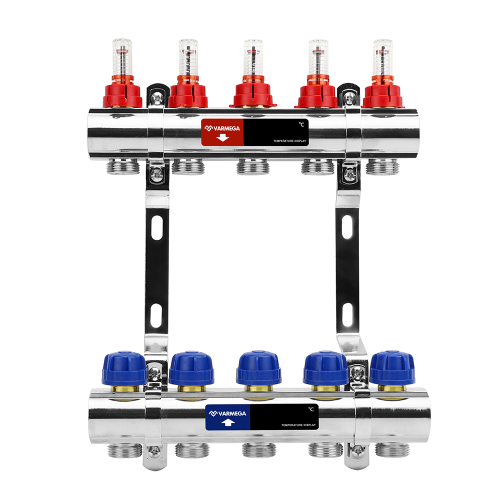 Коллекторная группа с расходомерами Varmega VM15412 ВР 1", на 12 контуров 3/4" EK, латунь