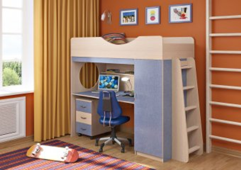 Кровать-чердак КарИВи Легенда 9.3  Дуб Молочный Светло-синий, голубой