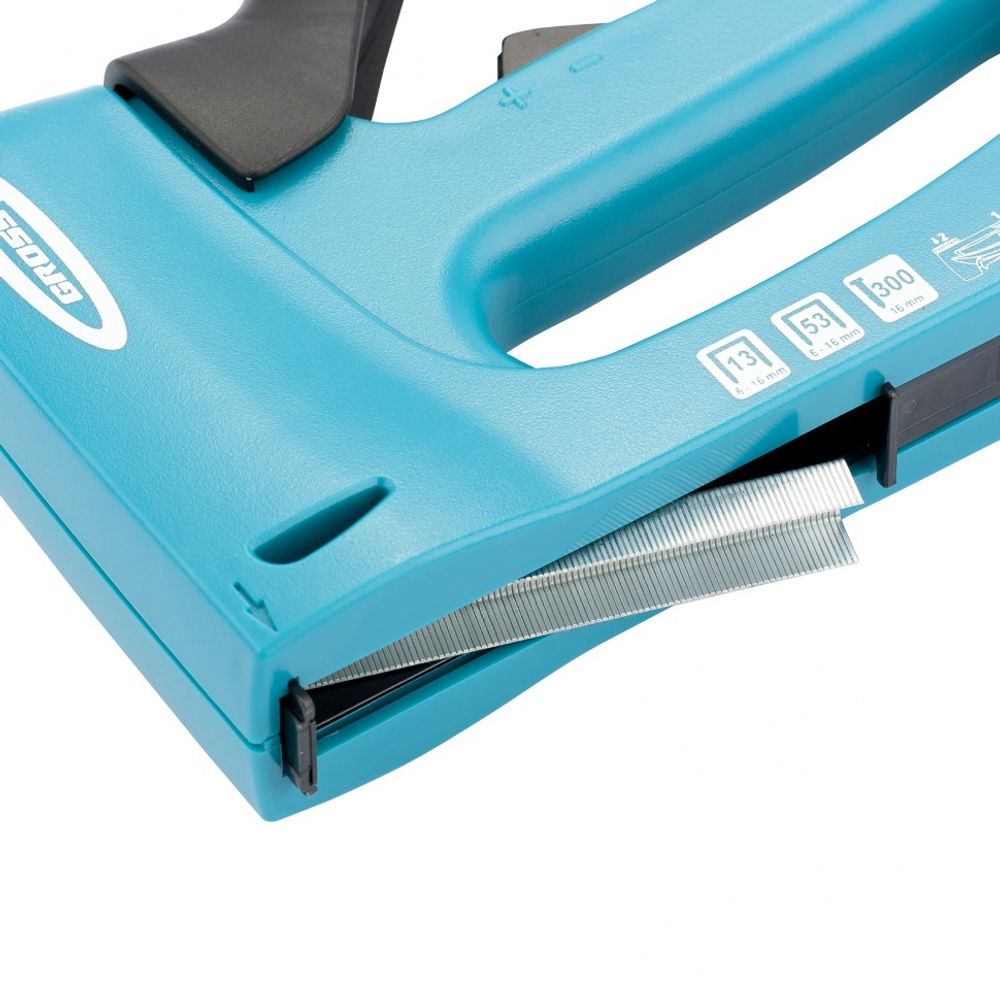 Степлер мебельный, пластиковый корпус,регулировка удара, тип скобы 13, 53, 300, 6-16мм// Gross 41003