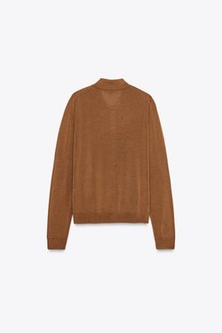 ZARA ОДНОТОННЫЙ ТРИКОТАЖНЫЙ КАРДИГАН ПОЛО, КОРИЧНЕВЫЙ