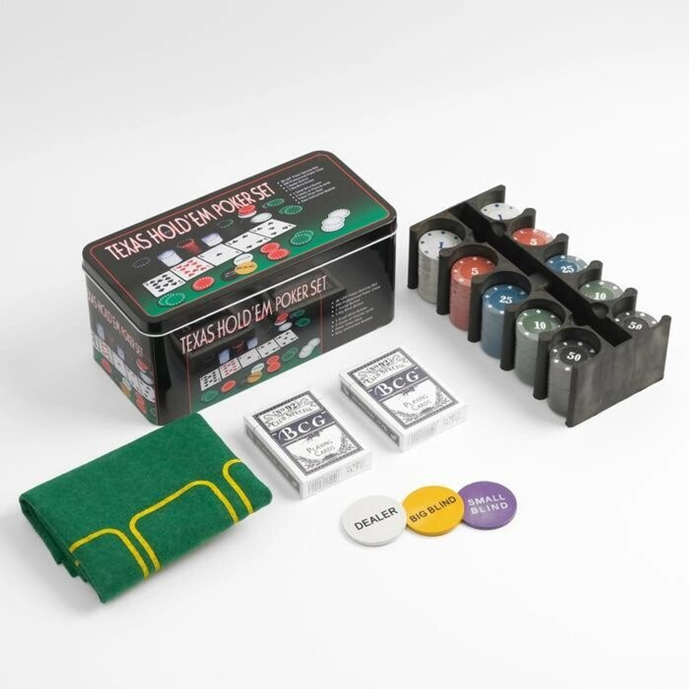Покерный набор для игры (карты 2 колоды, фишки 200 шт.), с номиналом, 60 х 90 см
