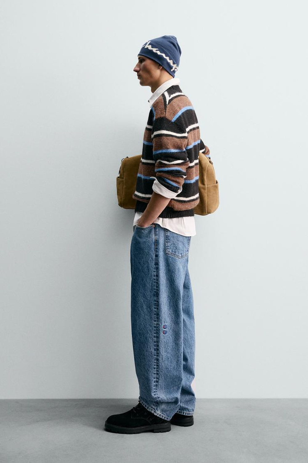 ZARA X CHAMPION СВИТЕР В ПОЛОСКУ С НАШИВКАМИ, ШОКОЛАДНЫЙ