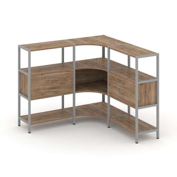 Shelf System Трехсекционный угловой стеллаж трехярусный с ящиками SN.STMU-331 Дуб Табак/Металл Серый