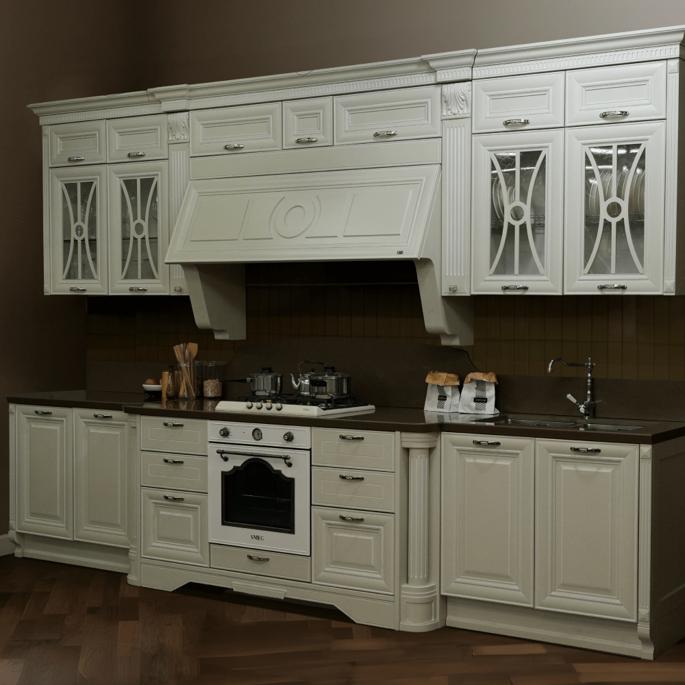 Комплект кухонной мебели с островом Pantheon, цвет белый, комплект бытовой техники включает в себя встраиваемую вытяжку, смеситель, духовой шкаф и варочную поверхность, 49450/2