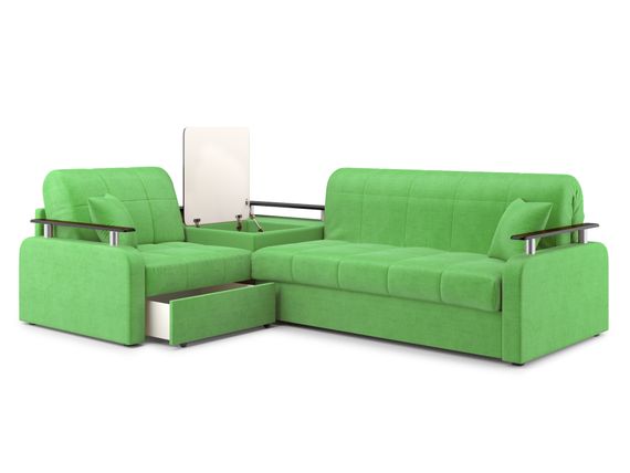 Диван угловой с Баром Денвер 1,4 - Velutto 31 зеленый/  коричневая накладка