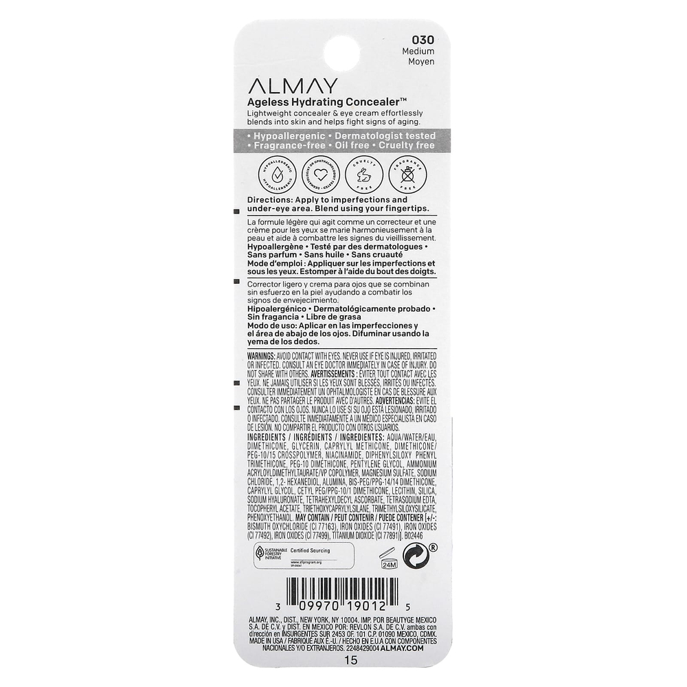 Almay, Ageless Hydrating Concealer, увлажняющий консилер, оттенок 030 Medium, 11 мл (0,37 жидк. унции)
