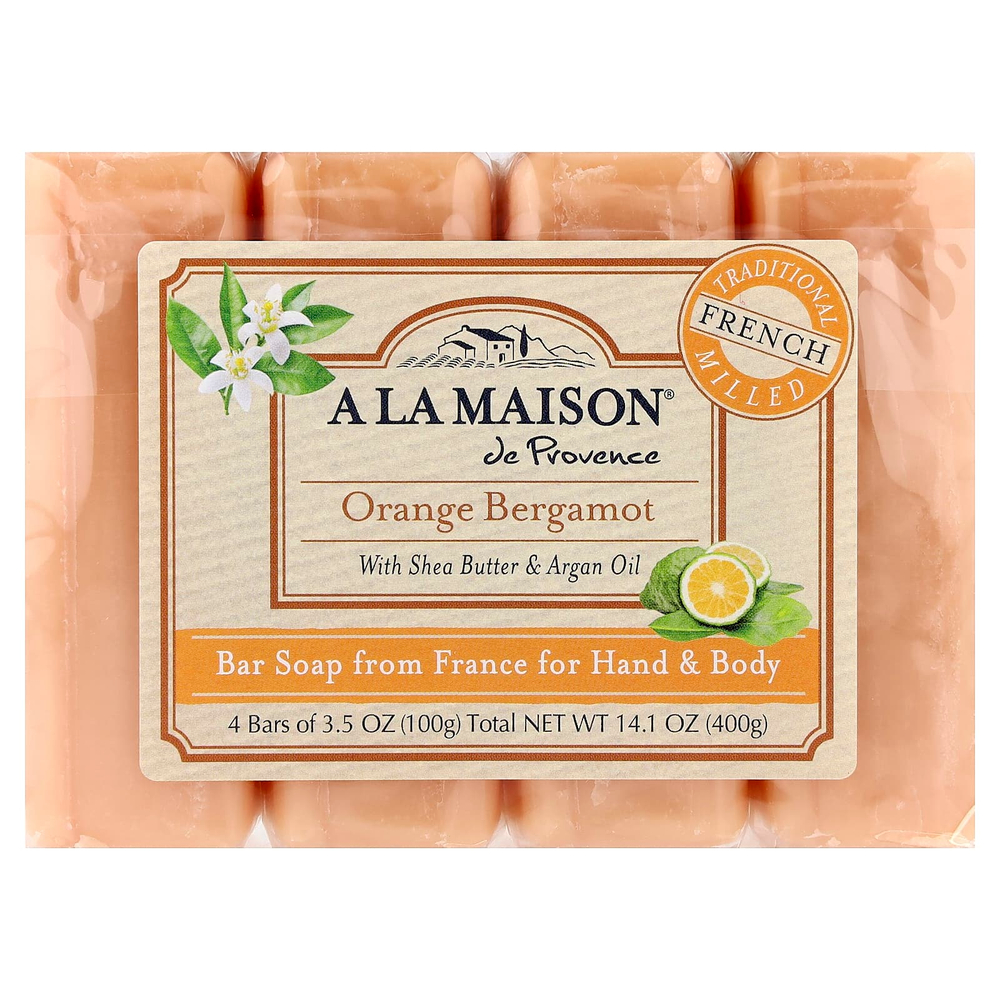 A La Maison de Provence, кусковое мыло для рук и тела, апельсин и бергамот, 4 шт. по 100 г (3,5 унции)