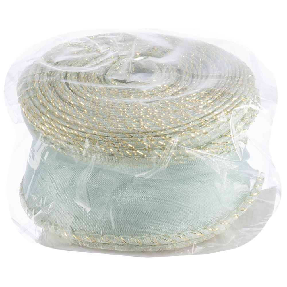 Лента декоративная (4 см*9,14 м) Органза с леской, Золотая кайма, Мятный, 1 шт., 6233854