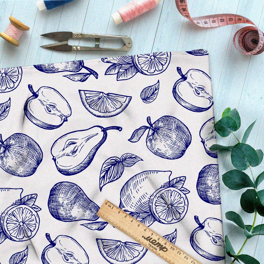 Ткань кулирная гладь нарисованные синей пастой фрукты