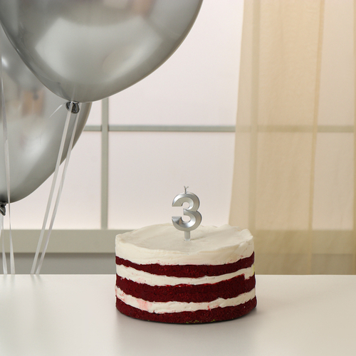 Свеча для торта цифра серебряная 3 + воздушные шары, 5шт