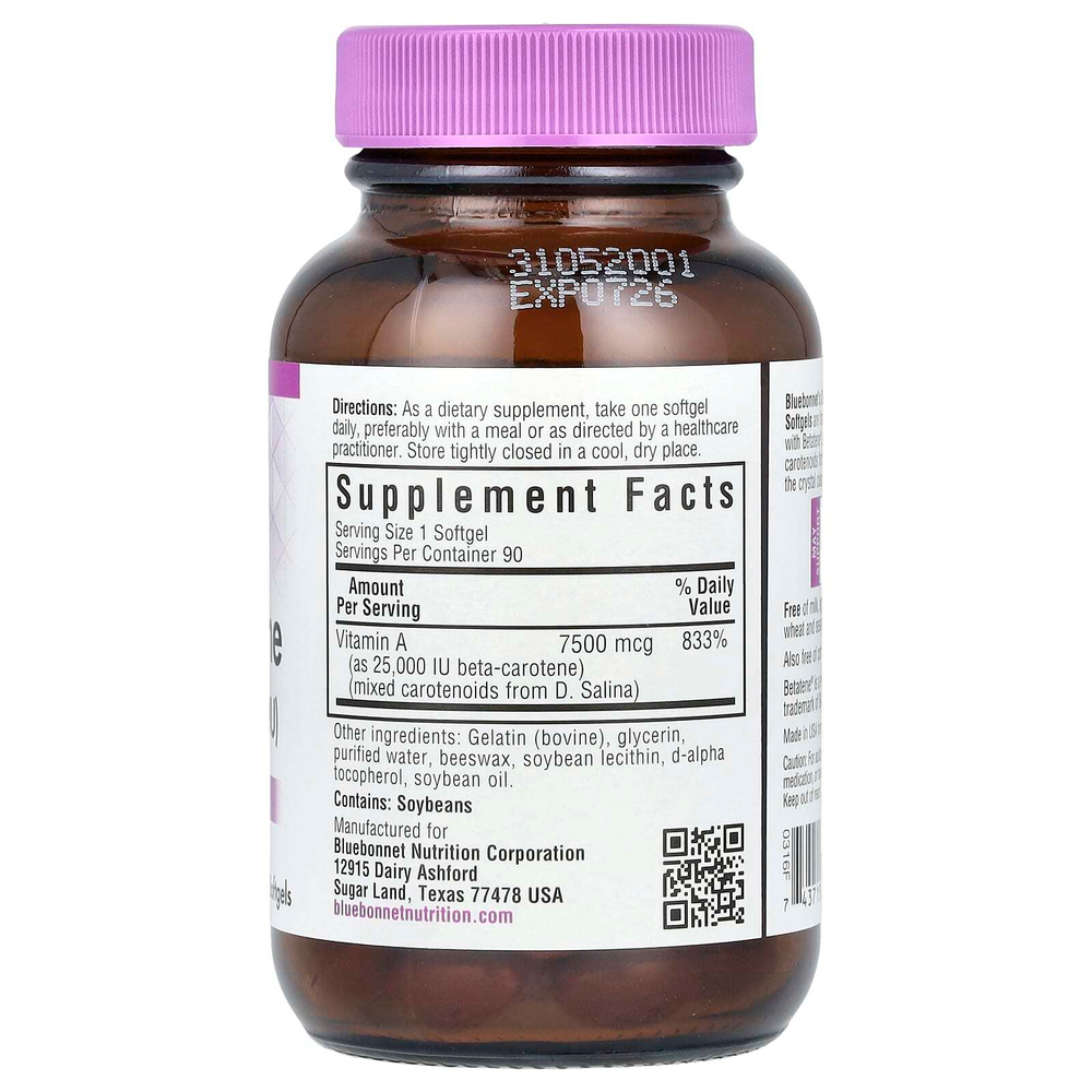 Bluebonnet Nutrition, философии. Salina, бета-каротин, 7500 мкг (25 000 МЕ), 90 мягких таблеток