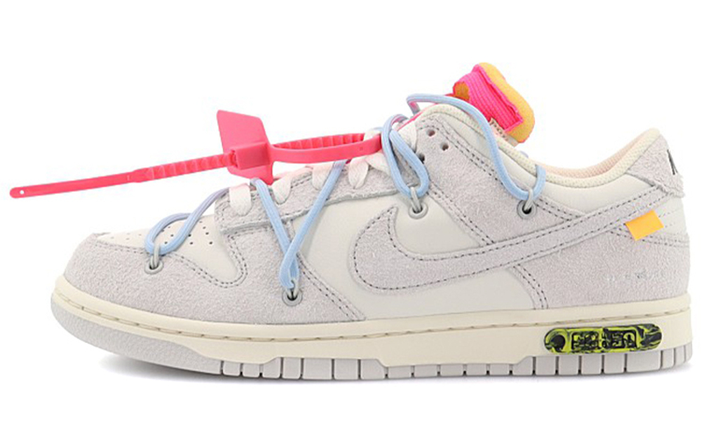 OFF-WHITE x Nike Dunk Low "The 50" NO.38 joint-branded flip-flops, blue shoelaces, red buttons, trendy low-top sneakers, the same style for men and women, gray and white