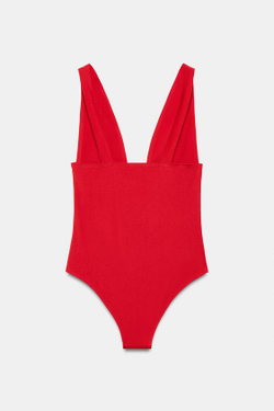 ZARA ОДНОТОННЫЙ КУПАЛЬНИК С ГЛУБОКИМ ВЫРЕЗОМ, КРАСНЫЙ