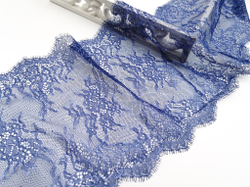 Кружево шантильи, с ресничками, 22 см, темно-синее с кордовой нитью в цвете ультрамарин, купон, SK-2501