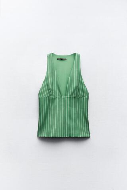 ZARA ТОП В ПОЛОСКУ, БЕЛЫЙ/ЗЕЛЕНЫЙ