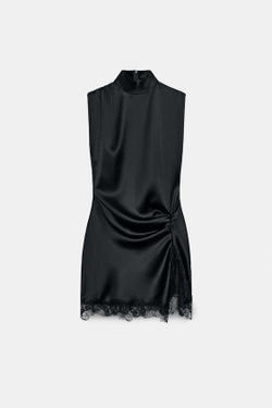 ZARA АТЛАСНОЕ ПЛАТЬЕ С КРУЖЕВОМ, ЧЕРНЫЙ