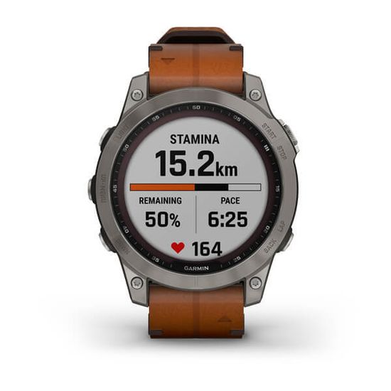 Умные часы Garmin Fenix 7 Sapphire Solar титановый серый с коричневым кожаным ремешком