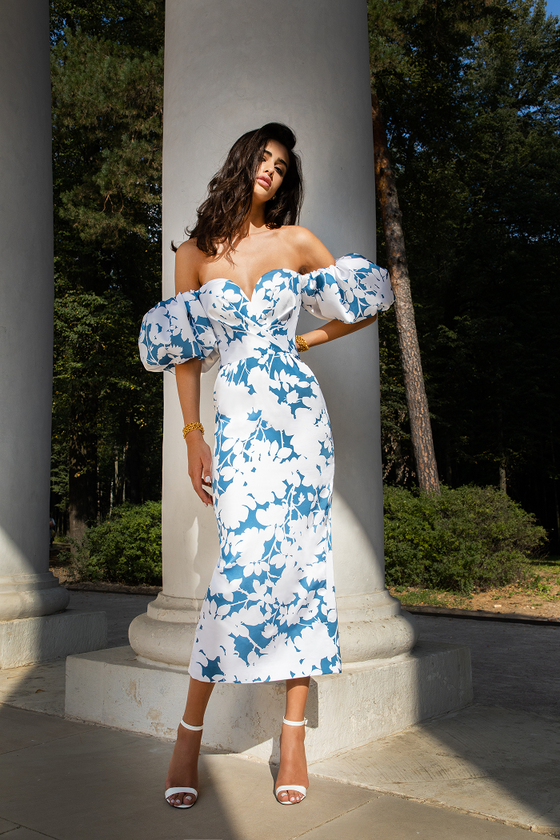 Платье миди корсетное  с объемными рукавами из сатина с принтом