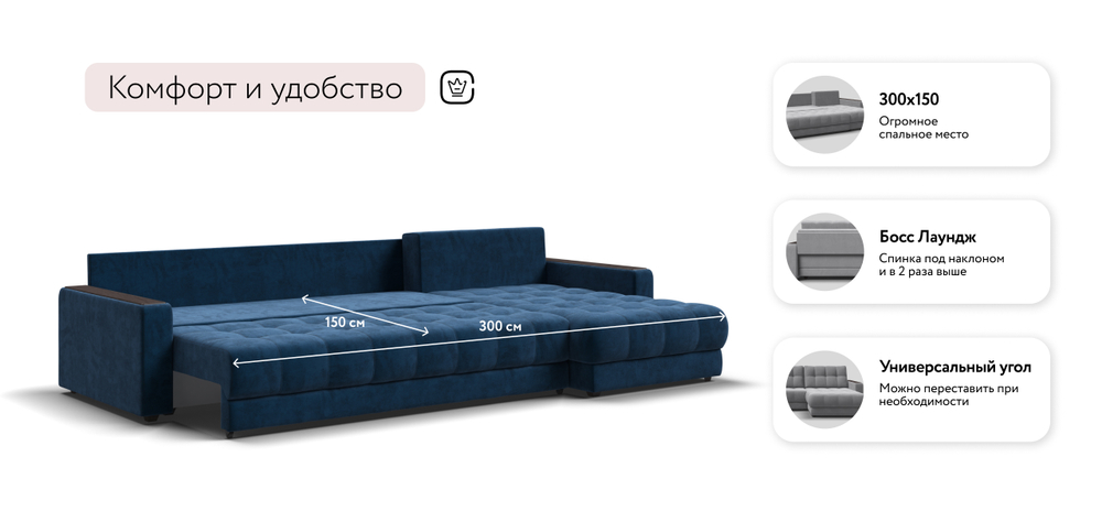 Угловой диван Босс Макс Велюр Монолит синий