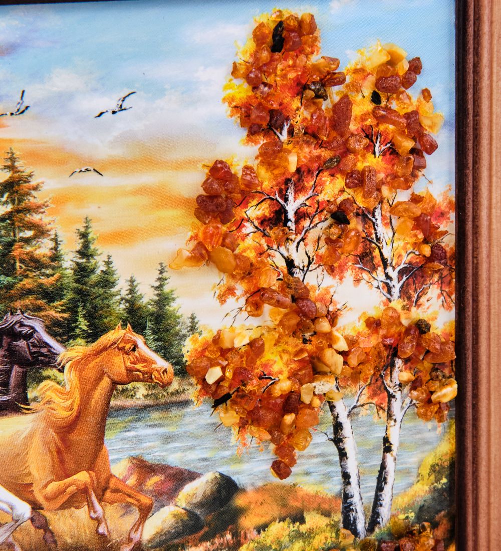AMB-74/ 4 Картина «Лошади» (с янтарной крошкой) дер.краш.рамка 12х15