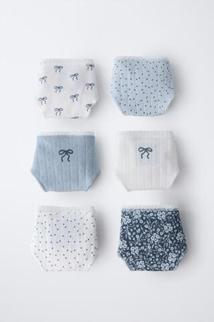 ZARA НАБОР ИЗ ШЕСТИ ТРУСОВ С БАНТИКАМИ, ЭКРЮ/СИНИЙ