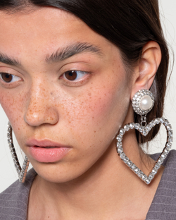 Серьги-вечерние, крупное сердце в камнях, жемчуг