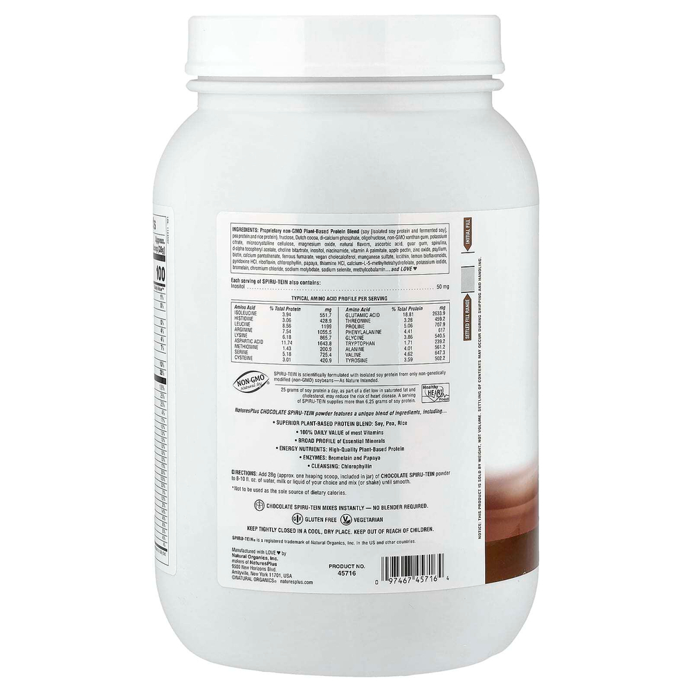 NaturesPlus, Spiru-Tein®, протеиновый порошок, со вкусом шоколада, 1680 г (3,7 фунта)