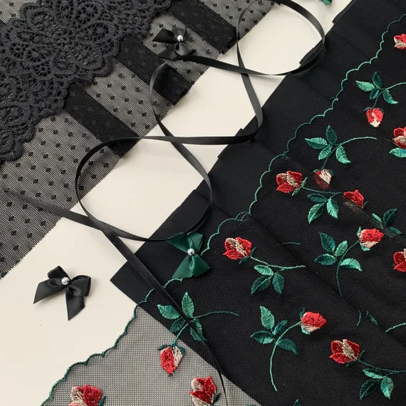 Вышивка на сетке черная/розы (правая) 21 см