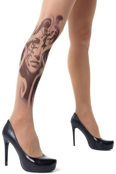 Колготки +size с имитацией тату в виде женского лица (Размер: XL-XXL-XXXL) (Цвет: бежевый)