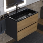 Тумба с раковиной Uperwood Barsa 70 см, раковина черная глянцевая, подвесная тумба черная/дуб сонома