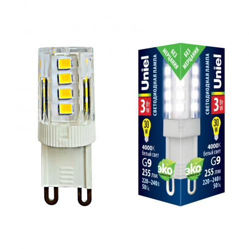 LED-JCD-3W/4000K/G9/CL GLZ09TR Лампа светодиодная, прозрачная. Белый свет (4000К). Картон. ТМ Uniel.