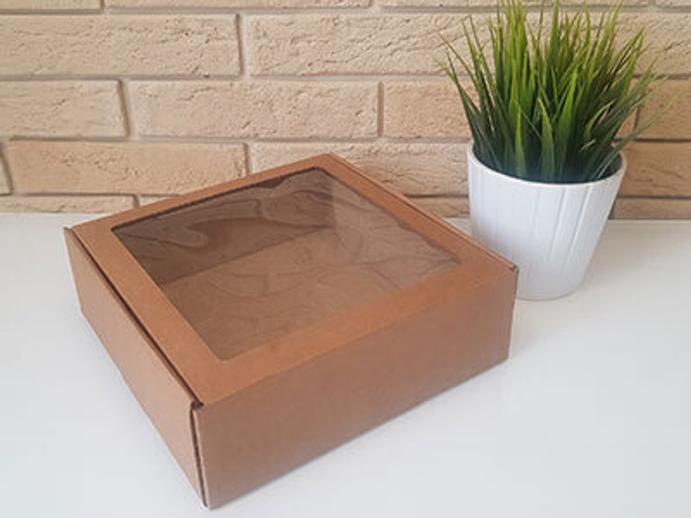 Коробка для пирогов, тортов, пирожных 21х21х7 с окном крафт