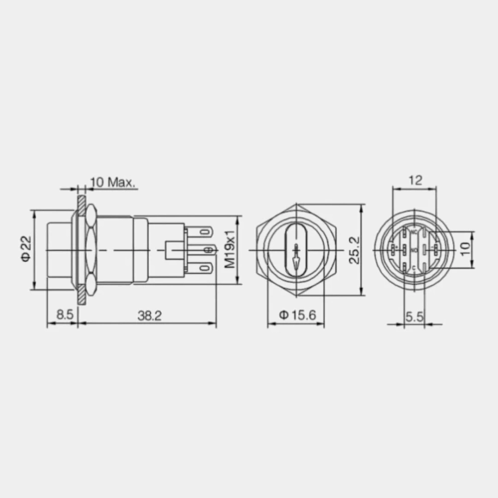 Кнопка антивандальная поворотная с коннектором, до 250 В, LAS1-AGQ-11X/21/B/N (5с) ON-ON, подсветка 12 В синяя RUICHI