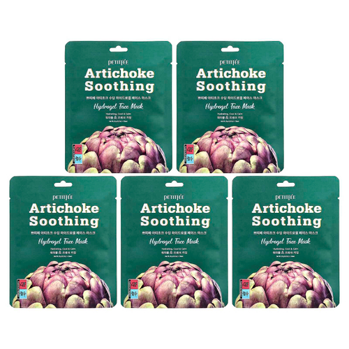 Petitfee, Artichoke Soothing, успокаивающая гидрогелевая маска для лица с артишоком, 5 шт., по 32 г (1,12 унции)