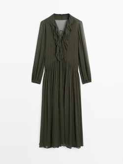 Massimo Dutti Длинное платье из струящейся ткани с воланом, темно-зеленый