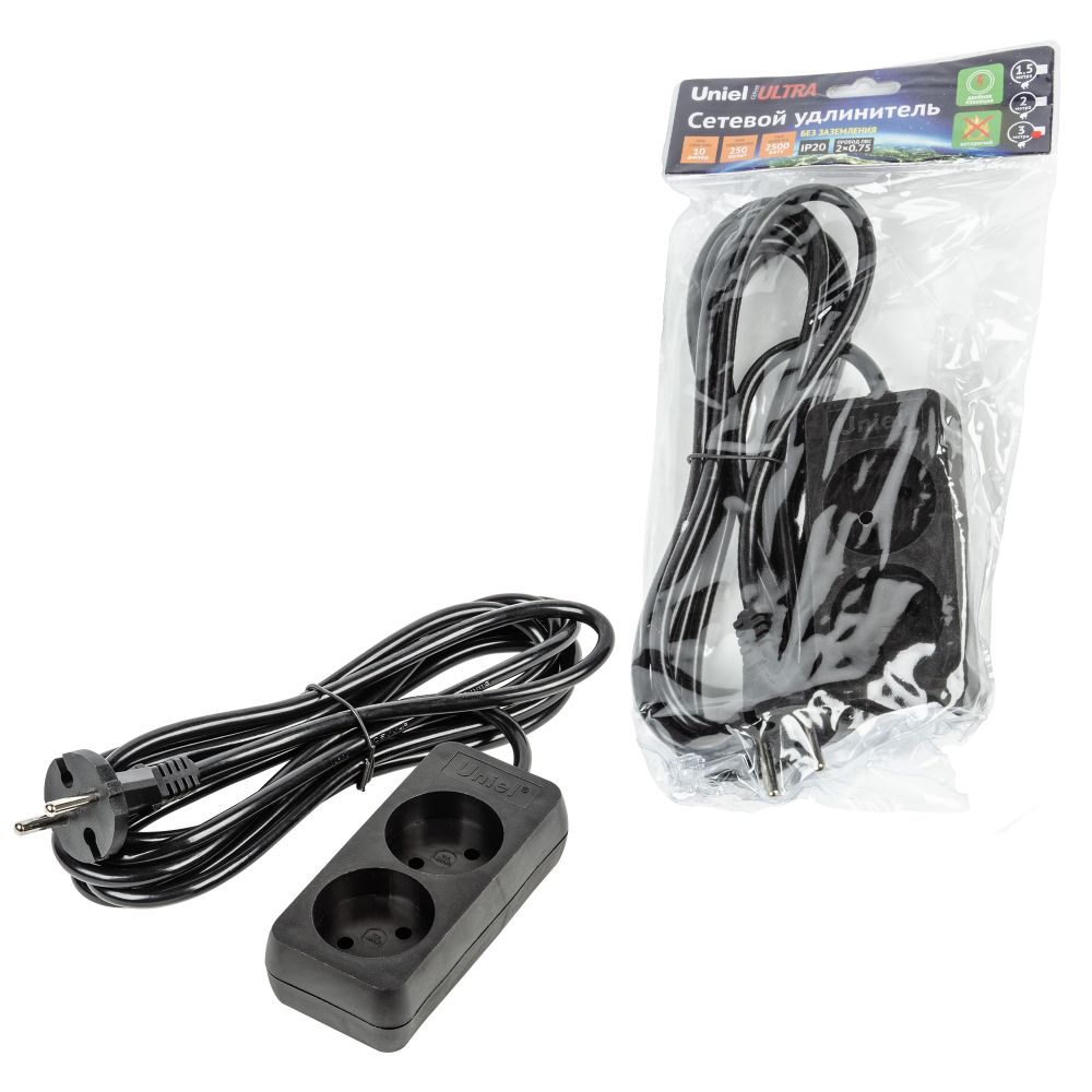 S-CU2-3 BLACK Удлинитель серии Ultra. шнур 3м.. 2 гнезда. 10A. б-з. Черный. TM Uniel