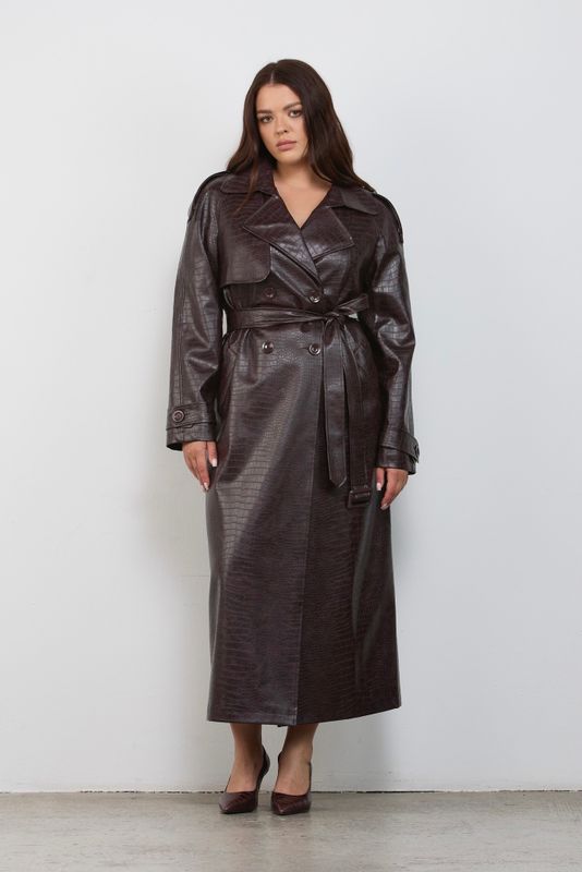 Тренч из экокожи под рептилию, коричневый