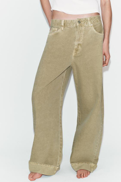 ZARA ДЖИНСЫ TRF BAGGY FOLDED СО СРЕДНЕЙ ПОСАДКОЙ, СВЕТЛО-ОЛИВКОВЫЙ