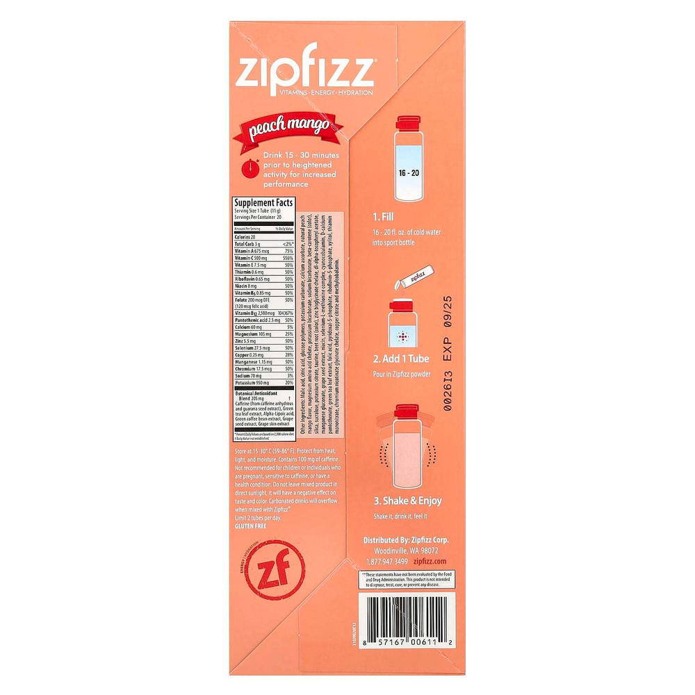Zipfizz, Energy Drink Mix, персик и манго, 20 тюбиков по 11 г (0,39 унции)
