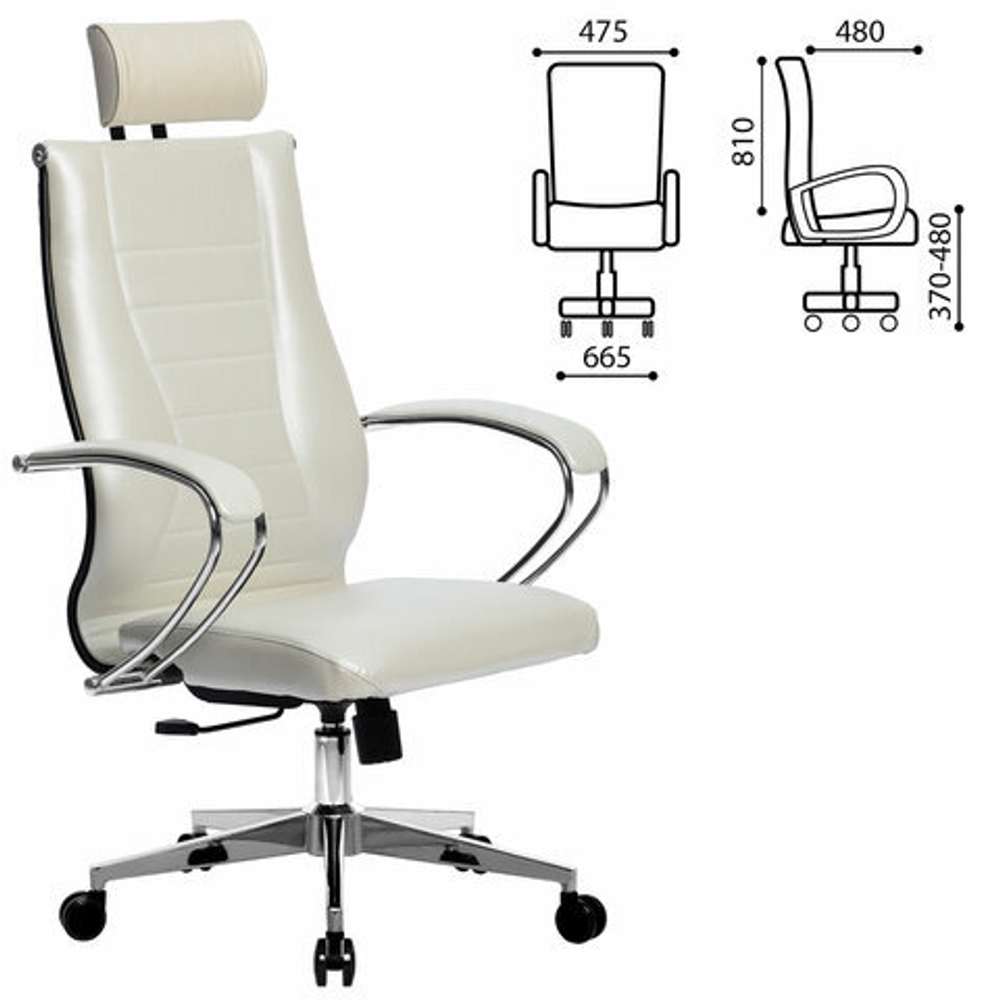 Кресло офисное МЕТТА "К-34" хром, экокожа, подголовник, сиденье и спинка мягкие, белое