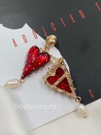 Серьги в форме "Сердца" красные с подвесками из натурального жемчуга