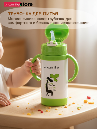 Термос для детей 350 мл. Kamille KM-2085 с трубочкой и ручками
