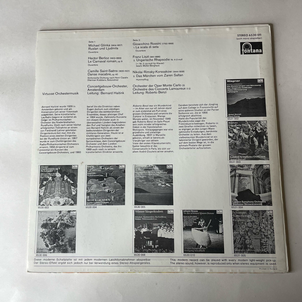 Винтажная виниловая пластинка LP Сборник Классической Музыки Virtuose Orchestermusik (Нидерланды 1972) (Глинка, Берлиоз, Лист)