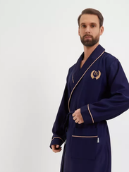 Халат мужской TНOMAS сатиновый с кантом и вышивкой Синий "Polens"